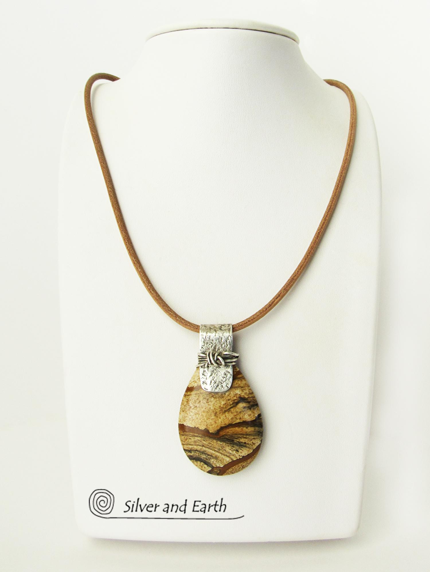 Picture Jasper Sterling Silver Pendant Necklace - Earthy Natural Stone Jewelry
