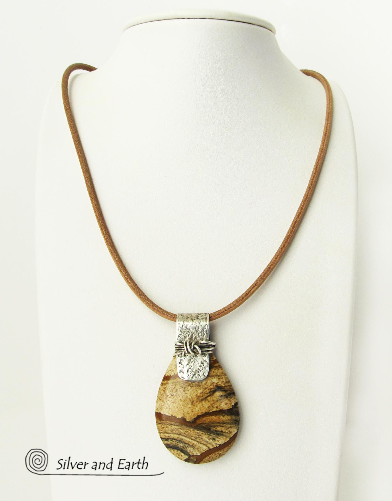 Picture Jasper Sterling Silver Pendant Necklace - Earthy Natural Stone Jewelry