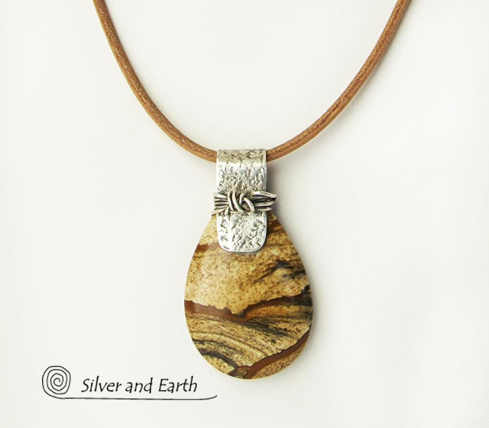 Picture Jasper Sterling Silver Pendant Necklace - Earthy Natural Stone Jewelry