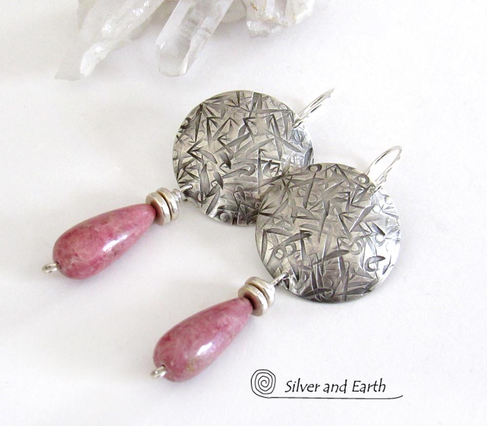 Sterling Silver Earrings with Pink Rhodonite Stones - Silver & Stone Jewelry