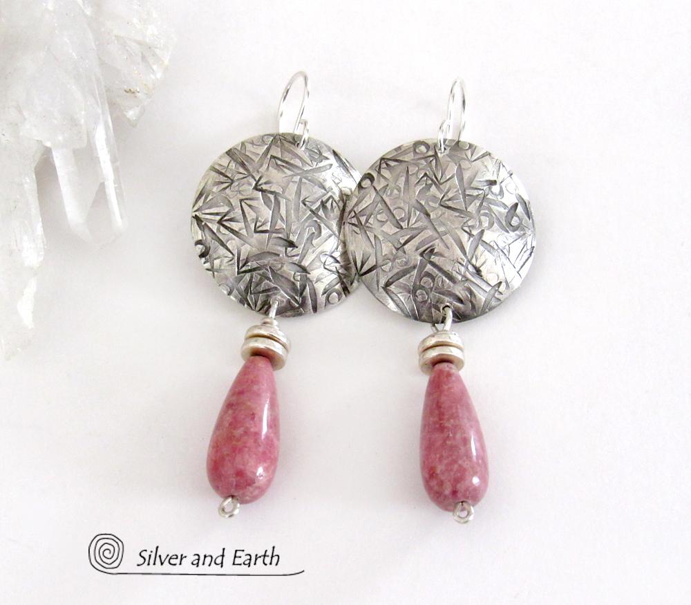 Sterling Silver Earrings with Pink Rhodonite Stones - Silver & Stone Jewelry