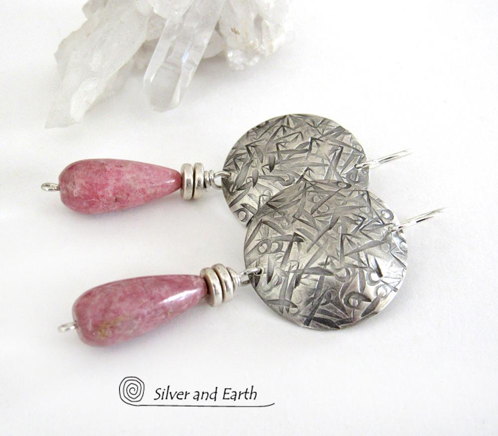 Sterling Silver Earrings with Pink Rhodonite Stones - Silver & Stone Jewelry