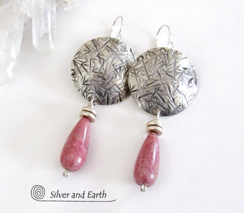 Sterling Silver Earrings with Pink Rhodonite Stones - Silver & Stone Jewelry