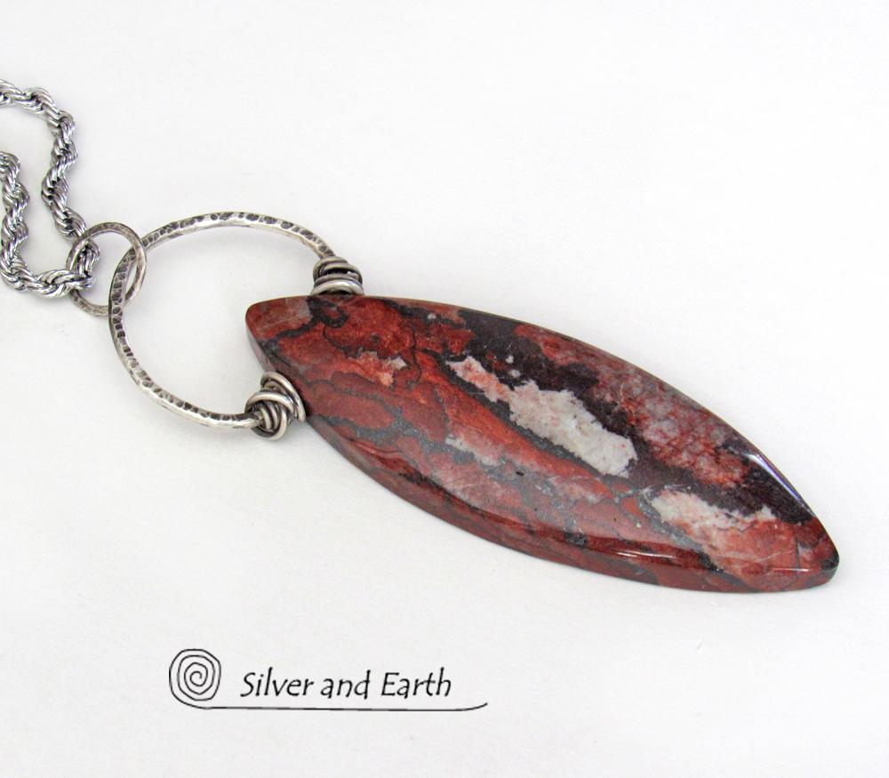 Large Brecciated Poppy Jasper Stone Necklace with Sterling Silver