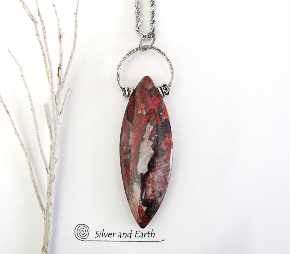 Large Brecciated Poppy Jasper Stone Necklace with Sterling Silver