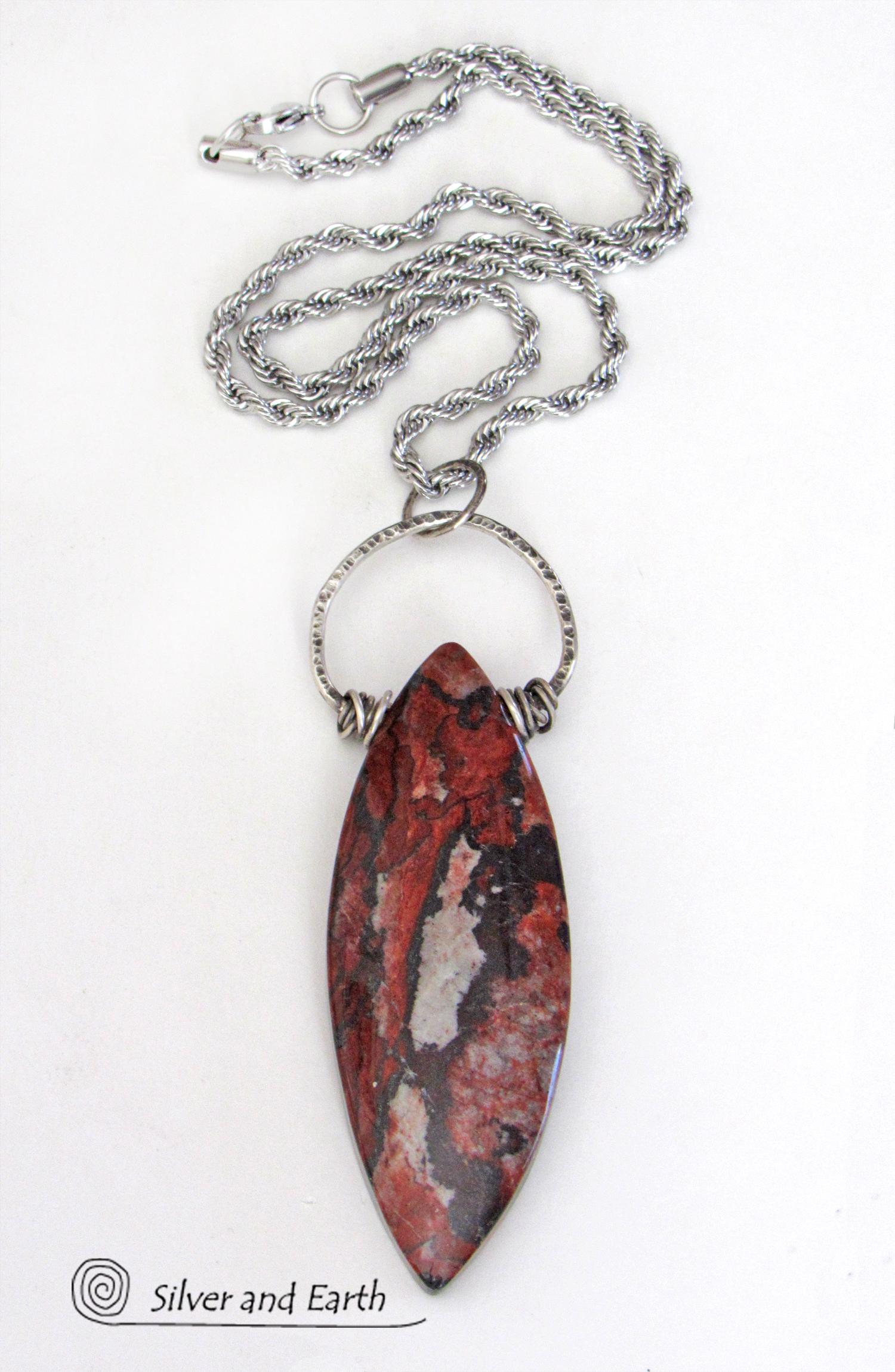 Large Brecciated Poppy Jasper Stone Necklace with Sterling Silver