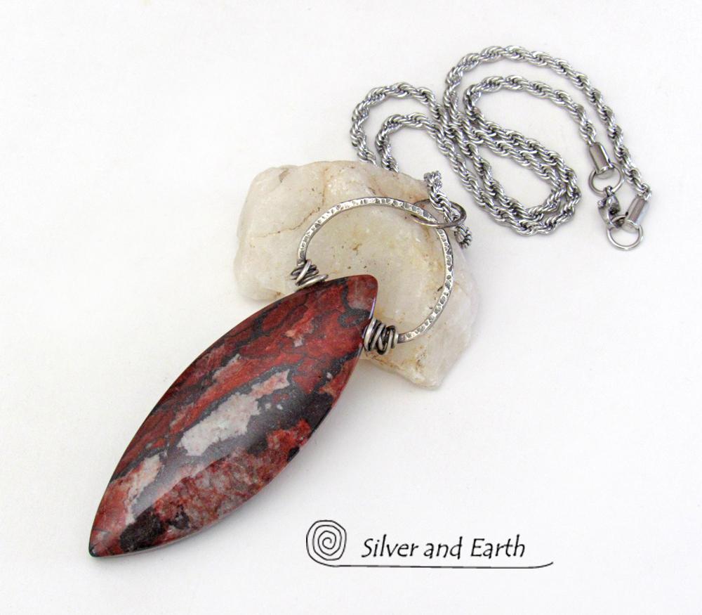 Large Brecciated Poppy Jasper Stone Necklace with Sterling Silver