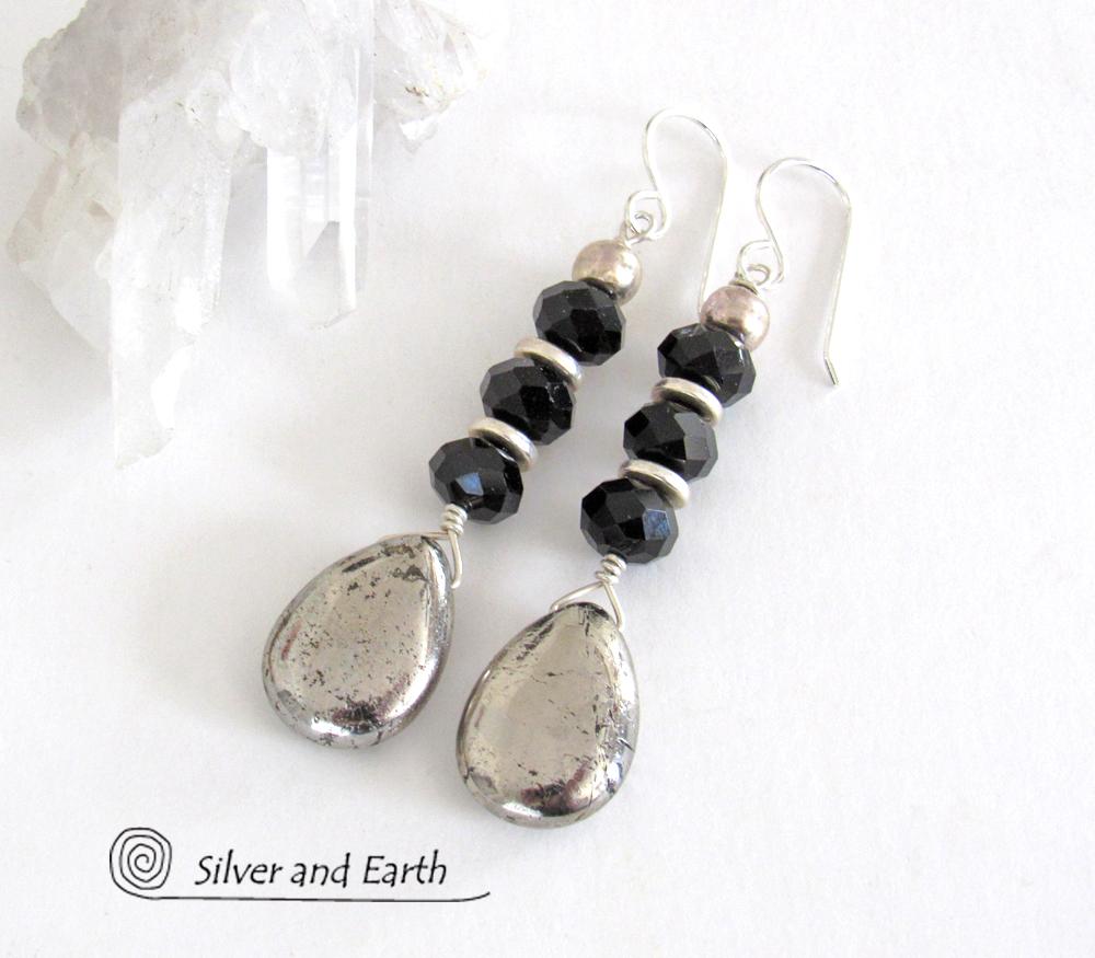 Pyrite Gemstone Earrings with Sparkly Black Crystals- Elegant Dressy Jewelryl
