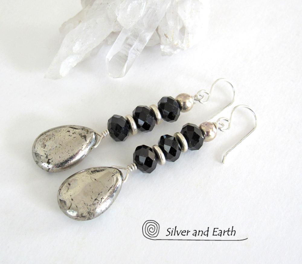 Pyrite Gemstone Earrings with Sparkly Black Crystals- Elegant Dressy Jewelry