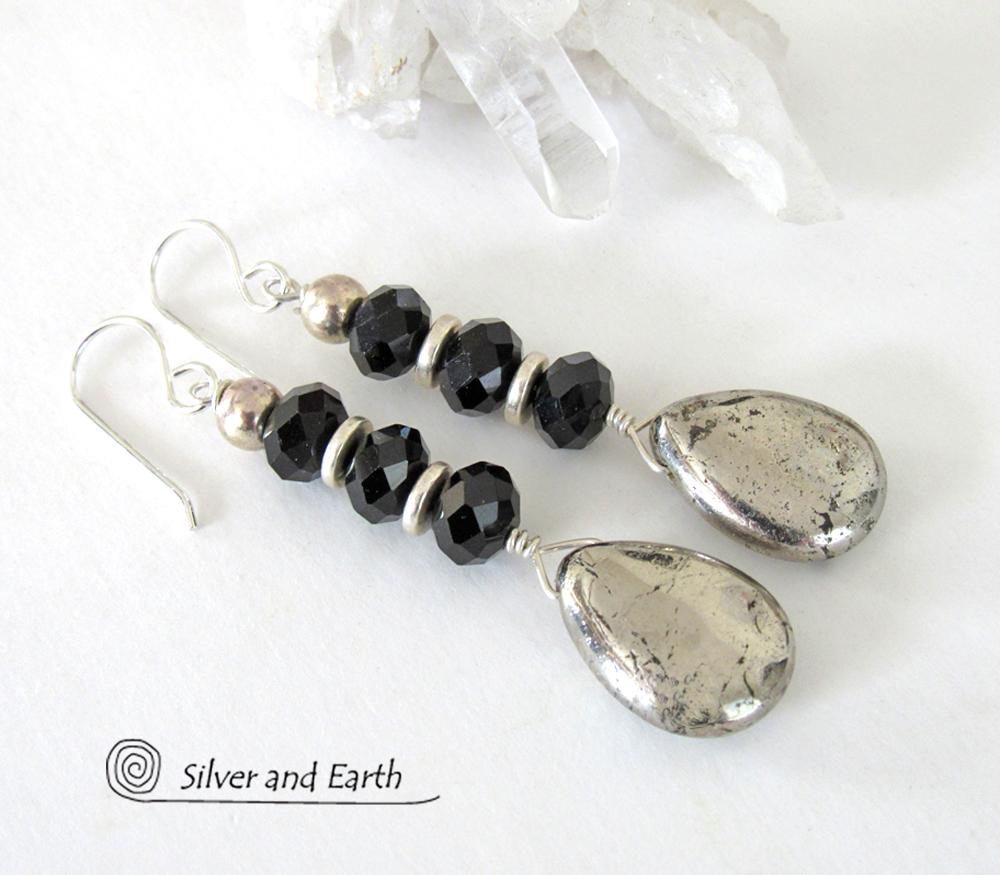 Pyrite Gemstone Earrings with Sparkly Black Crystals- Elegant Dressy Jewelry
