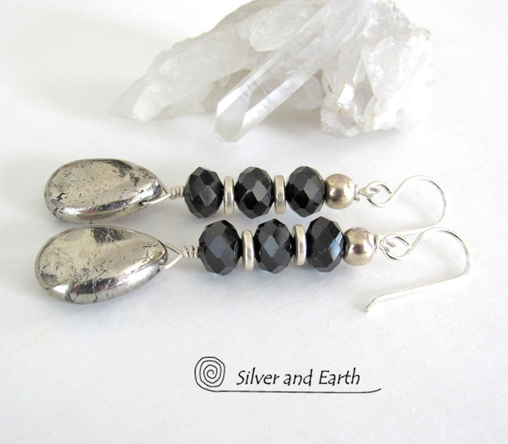 Pyrite Gemstone Earrings with Sparkly Black Crystals- Elegant Dressy Jewelry