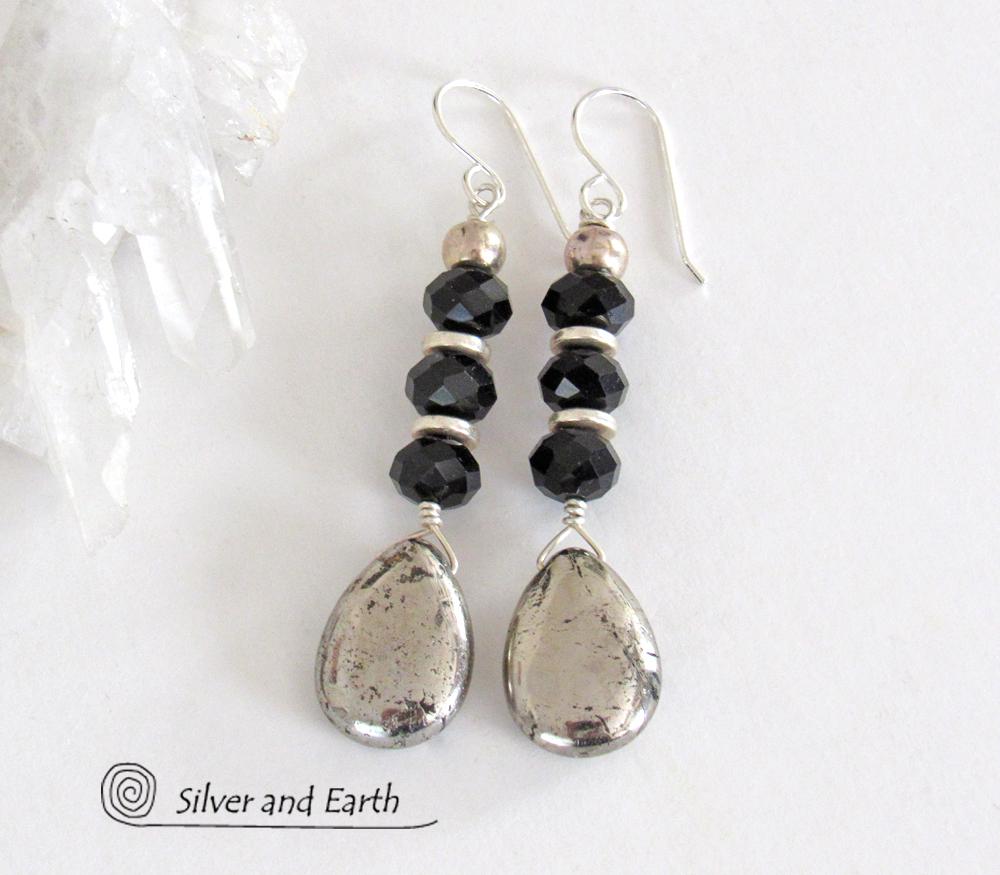Pyrite Gemstone Earrings with Sparkly Black Crystals- Elegant Dressy Jewelry