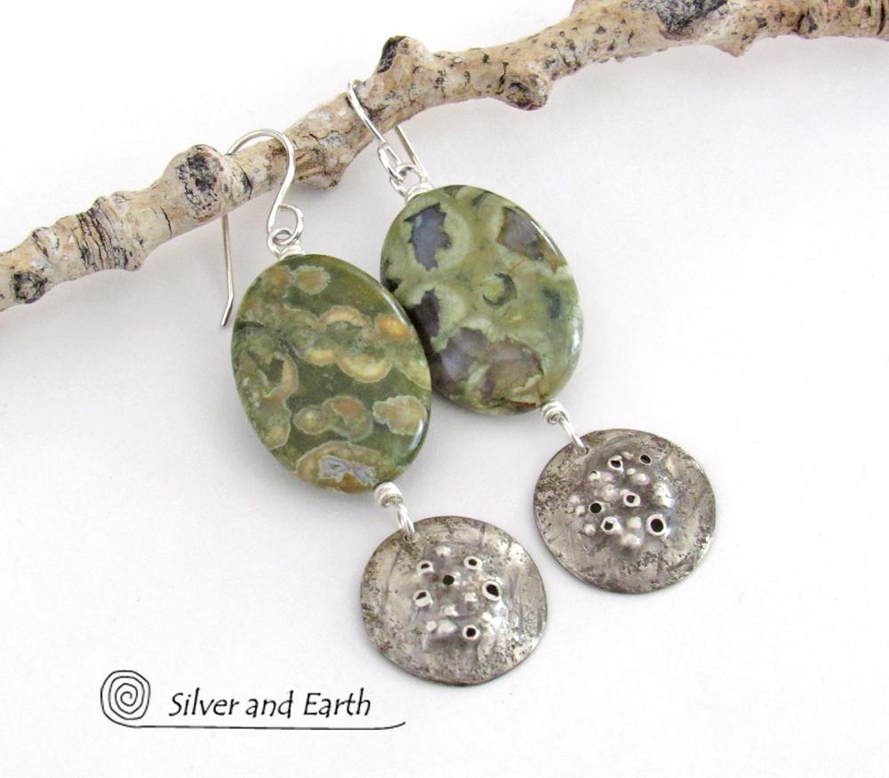 Green Rainforest Jasper Sterling Silver Earrings - Earthy Natural Stone Jewelry