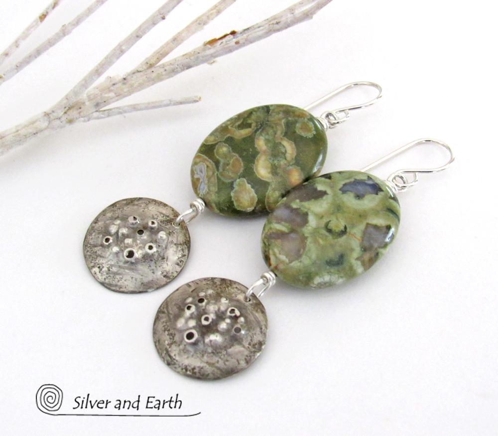 Green Rainforest Jasper Sterling Silver Earrings - Earthy Natural Stone Jewelry