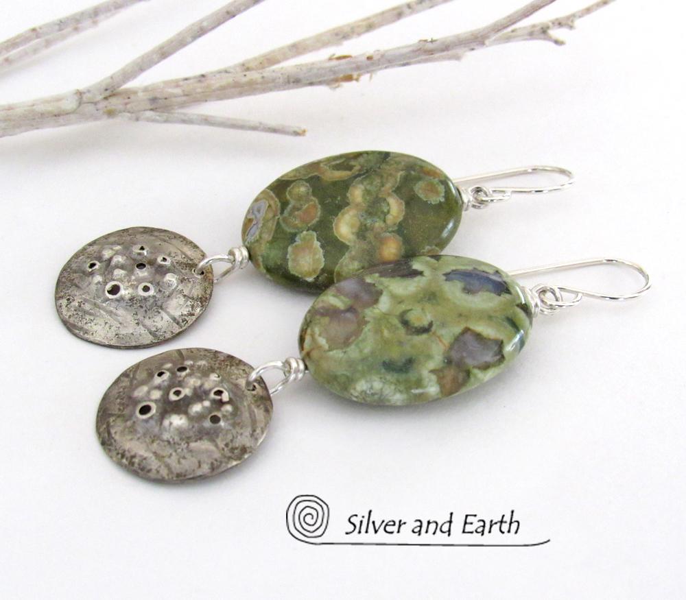 Green Rainforest Jasper Sterling Silver Earrings - Earthy Natural Stone Jewelry