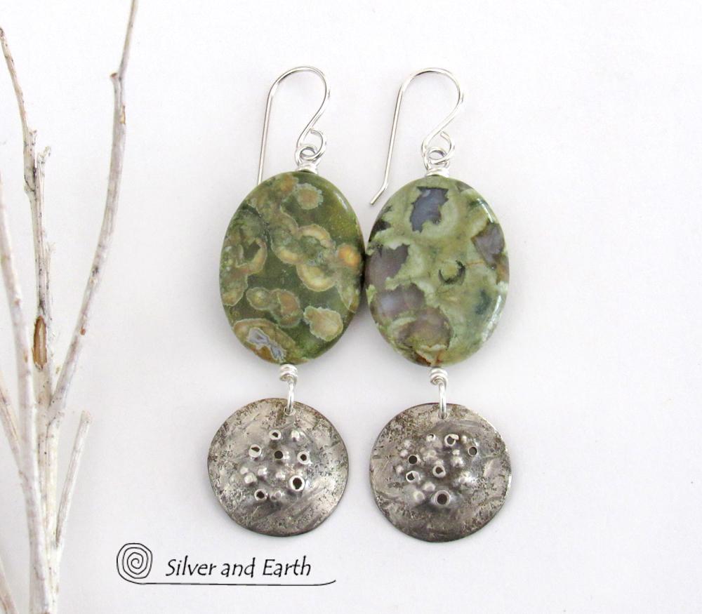 Green Rainforest Jasper Sterling Silver Earrings - Earthy Natural Stone Jewelry