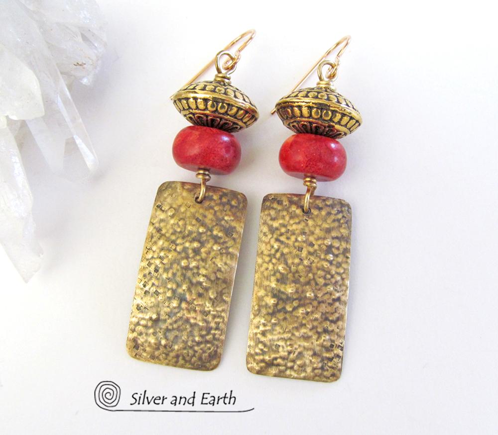 Gold Brass Earrings with Red Coral & Brass Beads - Modern Tribal Jewelry