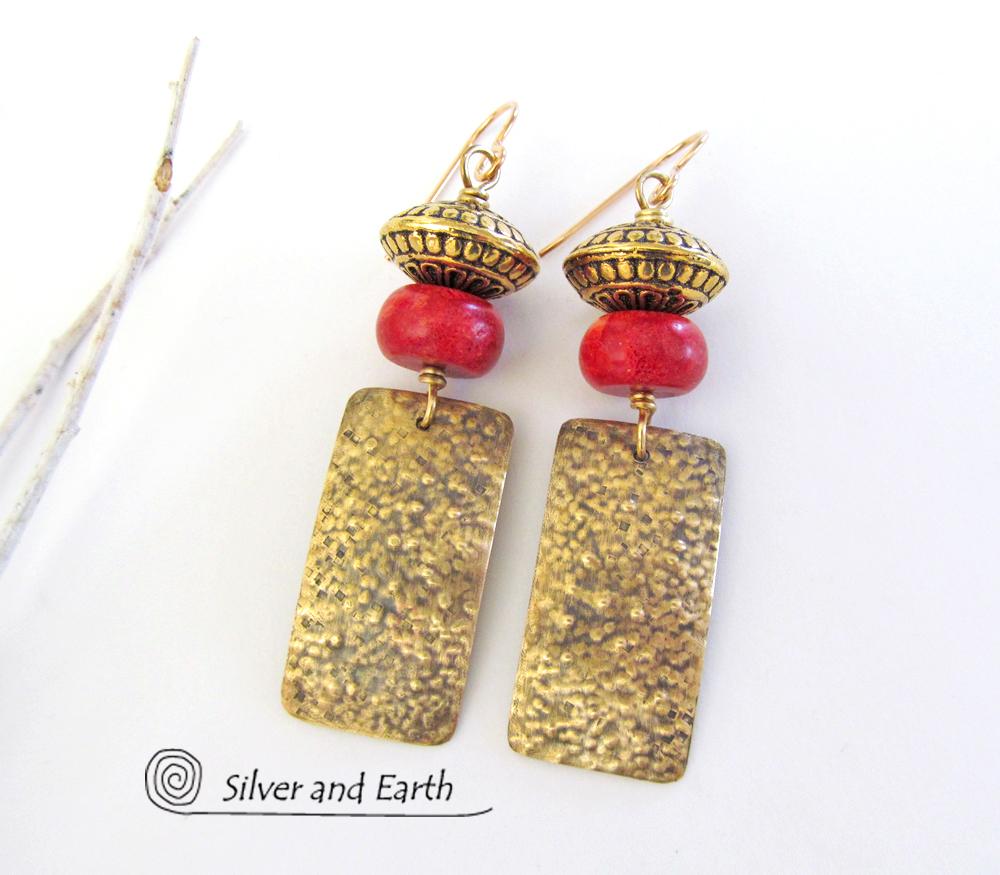 Gold Brass Earrings with Red Coral & Brass Beads - Modern Tribal Jewelry