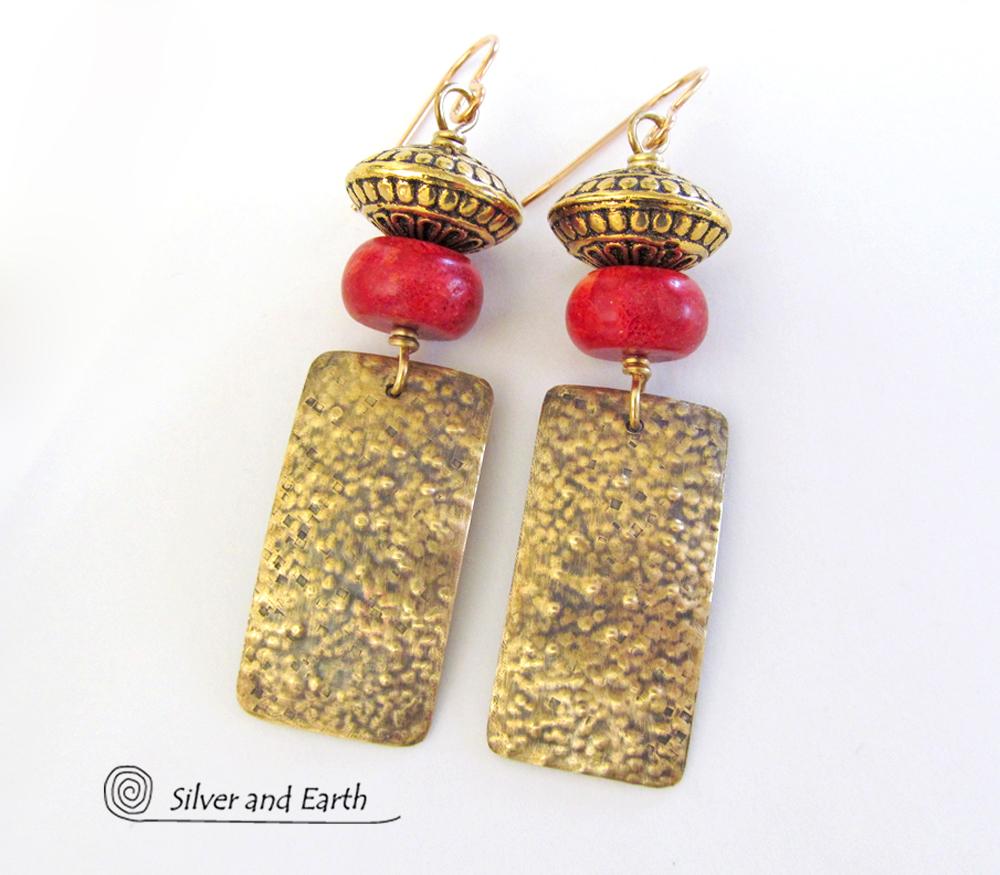 Gold Brass Earrings with Red Coral & Brass Beads - Modern Tribal Jewelry