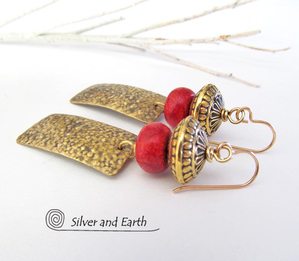 Gold Brass Earrings with Red Coral & Brass Beads - Modern Tribal Jewelry