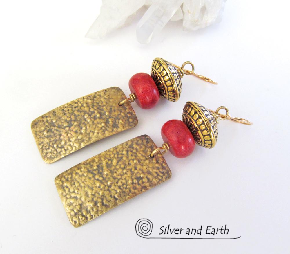 Gold Brass Earrings with Red Coral & Brass Beads - Modern Tribal Jewelry