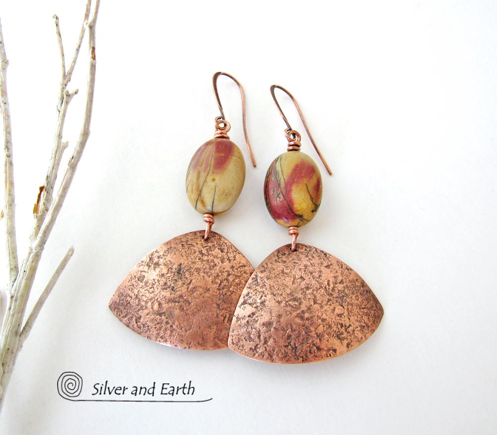 Copper Earrings with Red Creek Jasper Stones - Natural Earthy Jewelry