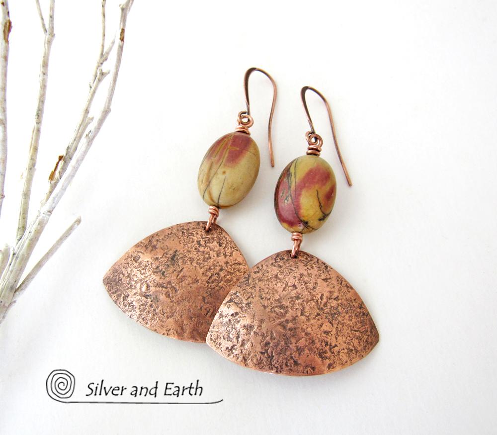 Copper Earrings with Red Creek Jasper Stones - Natural Earthy Jewelry