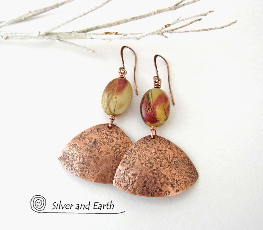 Copper Earrings with Red Creek Jasper Stones - Natural Earthy Jewelry