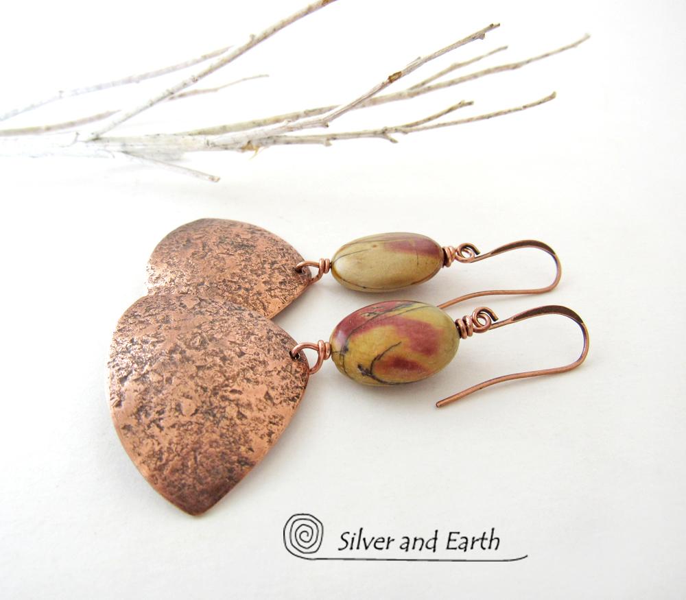 Copper Earrings with Red Creek Jasper Stones - Natural Earthy Jewelry