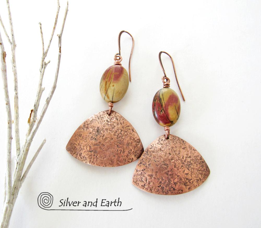 Copper Earrings with Red Creek Jasper Stones - Natural Earthy Jewelry