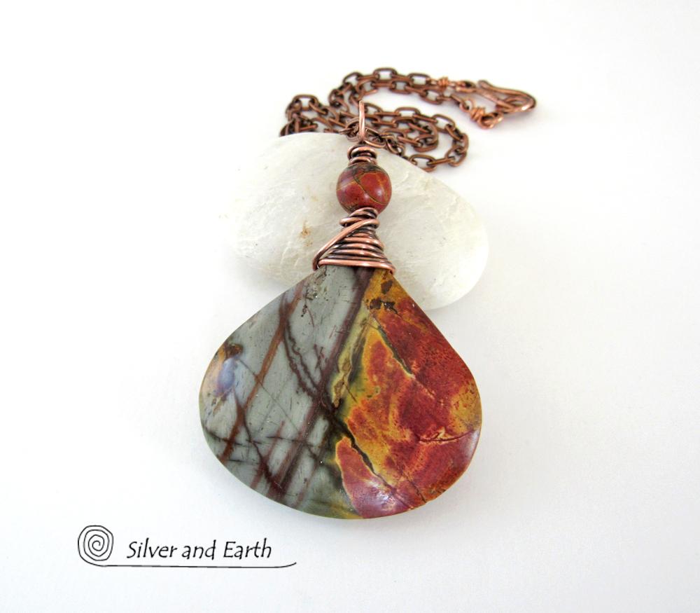 Red Creek Jasper Pendant Necklace - Copper Wire Wrapped Stone Jewelry