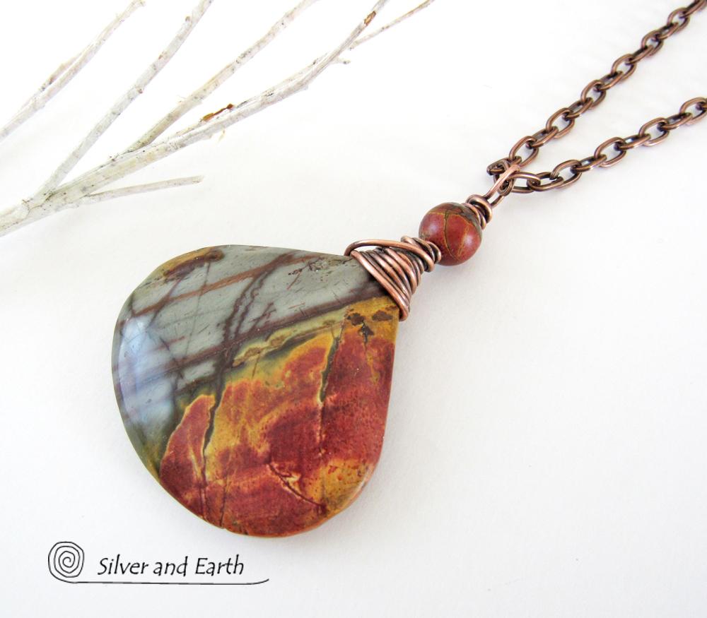 Red Creek Jasper Pendant Necklace - Copper Wire Wrapped Stone Jewelry