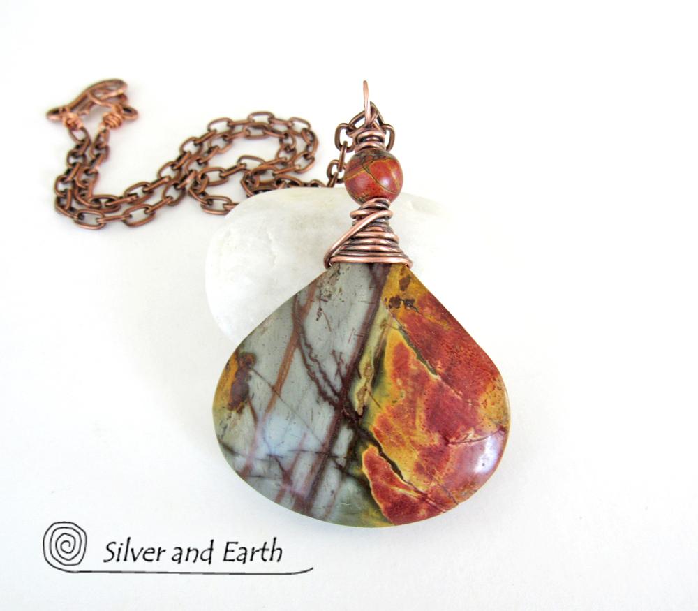 Red Creek Jasper Pendant Necklace - Copper Wire Wrapped Stone Jewelry