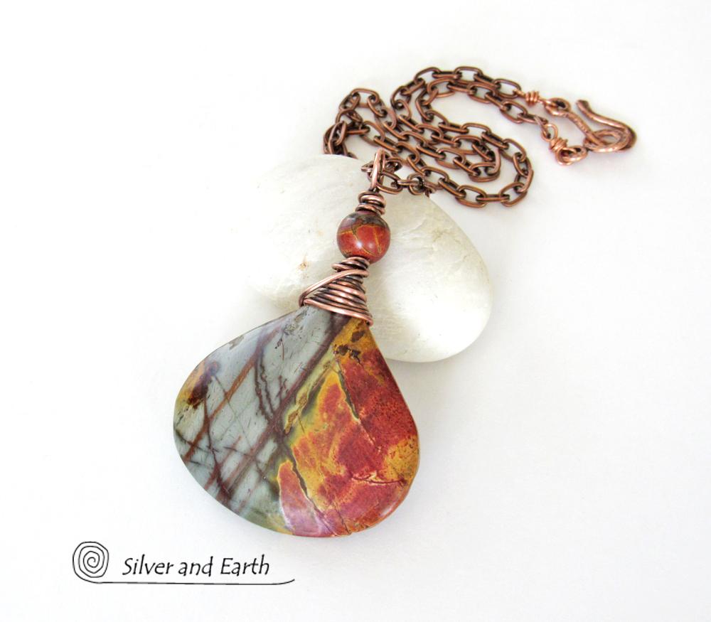 Red Creek Jasper Pendant Necklace - Copper Wire Wrapped Stone Jewelry