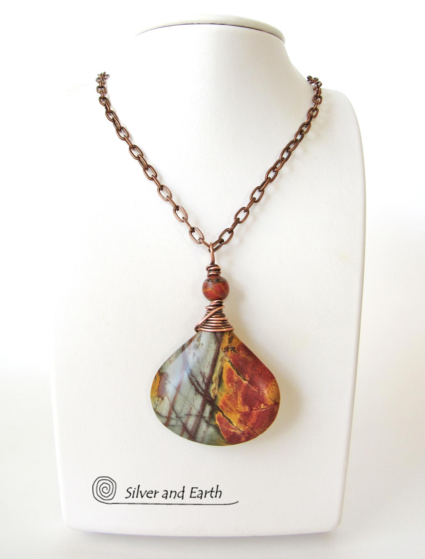 Red Creek Jasper Pendant Necklace - Copper Wire Wrapped Stone Jewelry