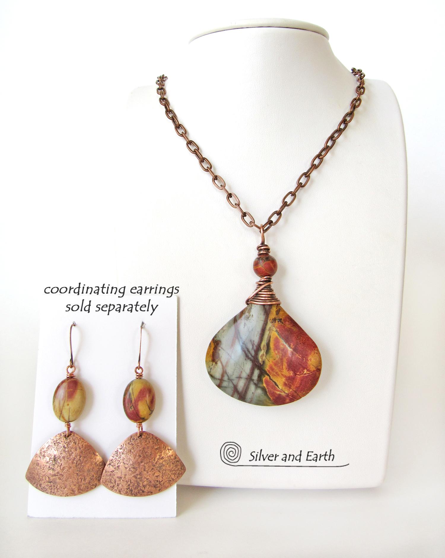 Red Creek Jasper Pendant Necklace - Copper Wire Wrapped Stone Jewelry