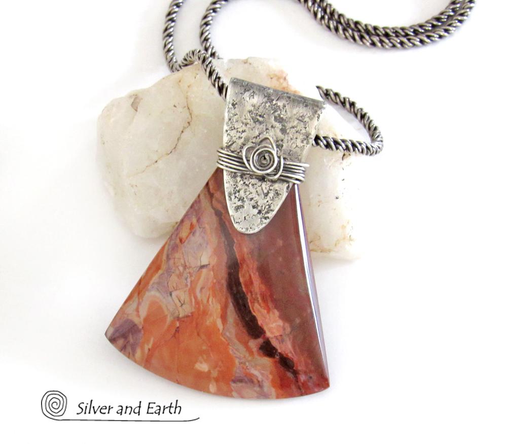 Red Flame Jasper Sterling Silver Necklace - One of Kind Gemstone Jewelry