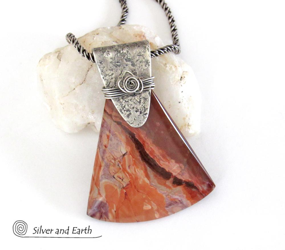 Red Flame Jasper Sterling Silver Necklace - One of Kind Gemstone Jewelry