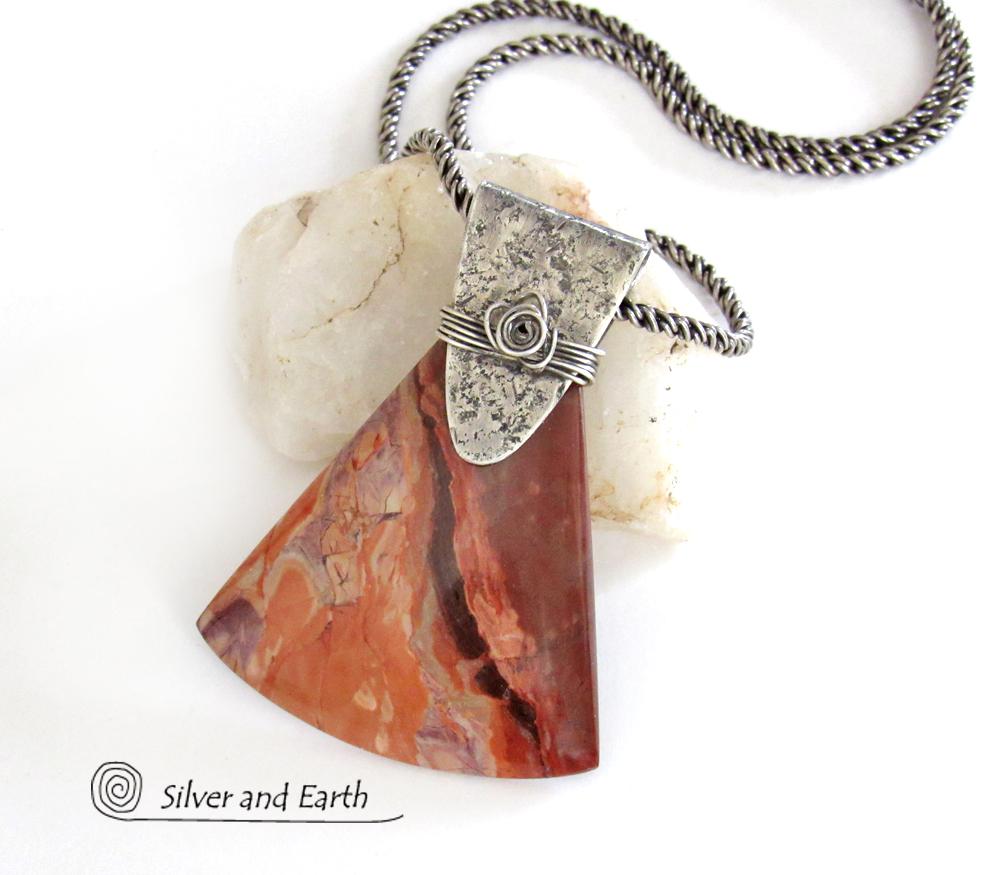 Red Flame Jasper Sterling Silver Necklace - One of Kind Gemstone Jewelry