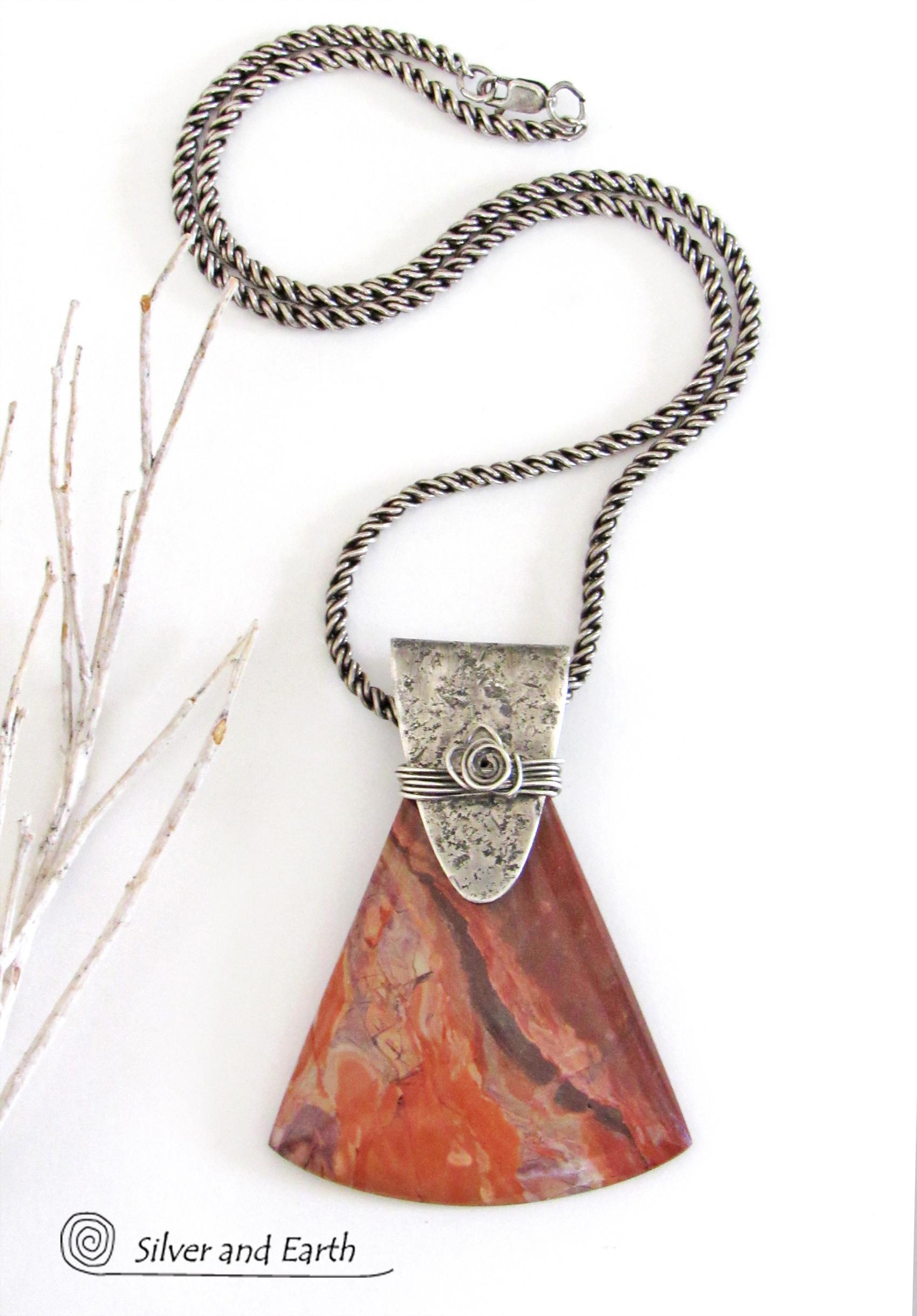 Red Flame Jasper Sterling Silver Necklace - One of Kind Gemstone Jewelry