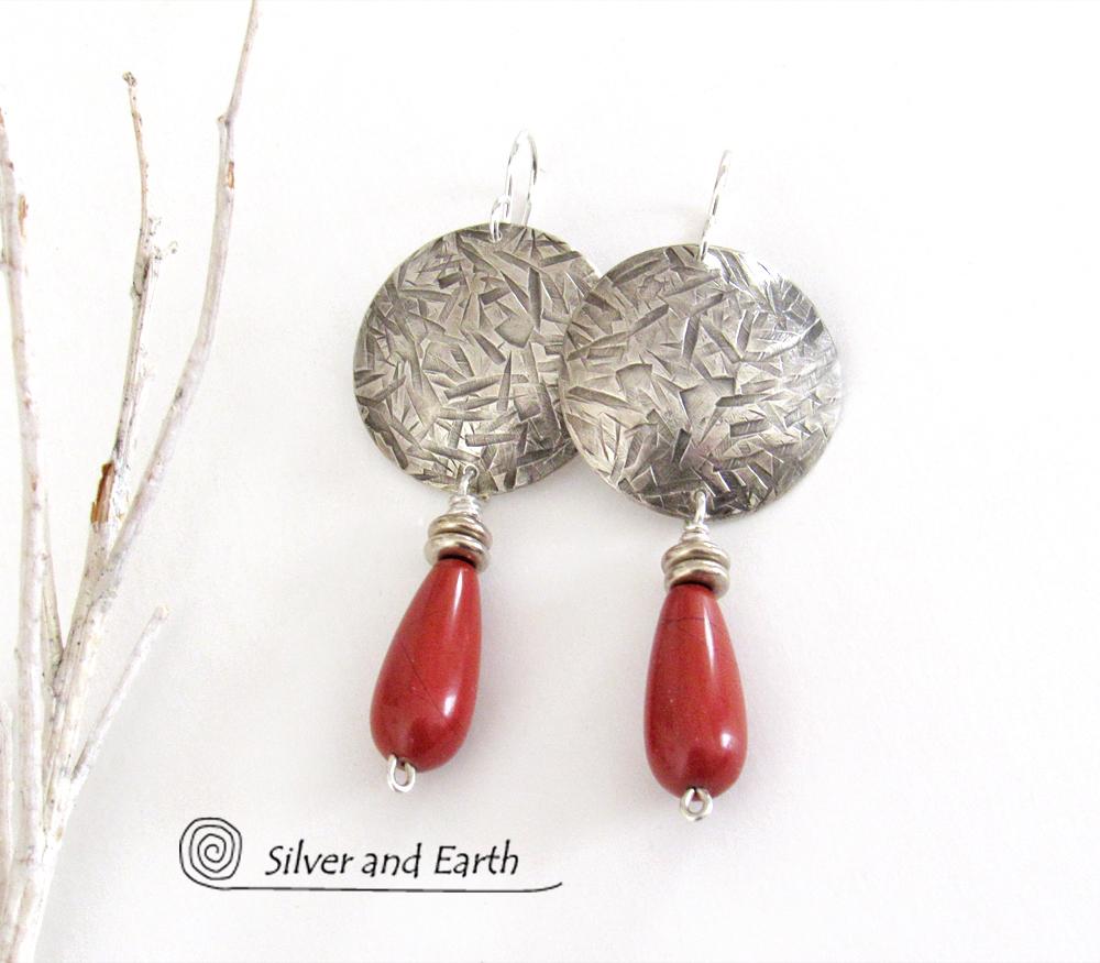 Sterling Silver Earrings with Red Jasper Stones - Modern Silver Jewelry