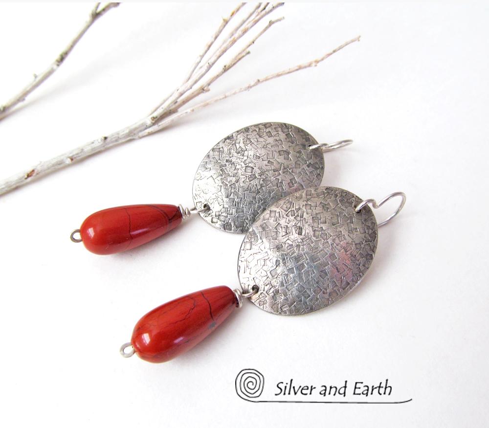 Sterling Silver Earrings with Red Jasper Gemstones - Modern Silver Jewelry