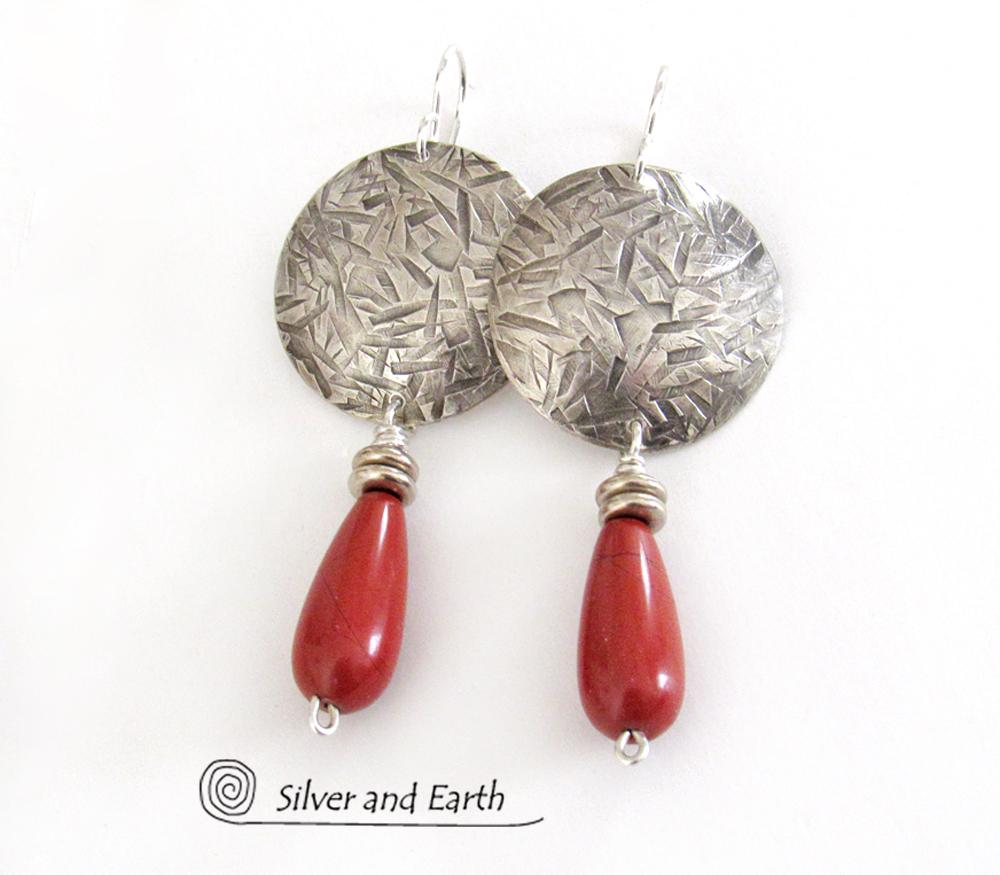 Sterling Silver Earrings with Red Jasper Stones - Modern Silver Jewelry