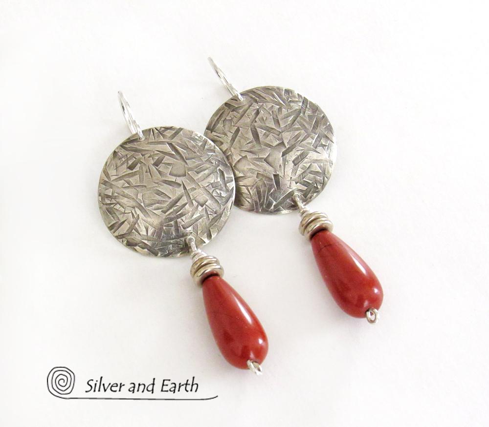 Sterling Silver Earrings with Red Jasper Stones - Modern Silver Jewelry