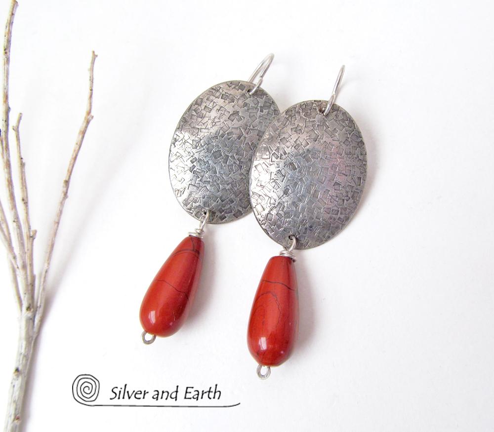 Sterling Silver Earrings with Red Jasper Gemstones - Modern Silver Jewelry