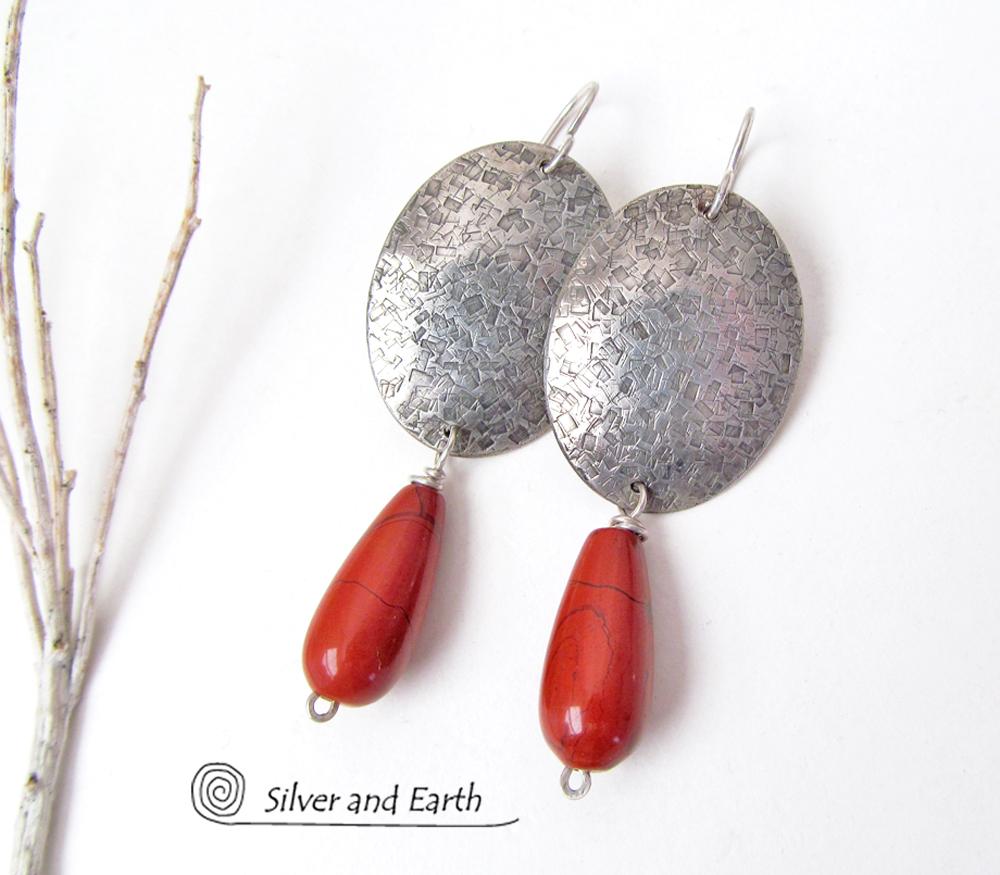 Sterling Silver Earrings with Red Jasper Gemstones - Modern Silver Jewelry