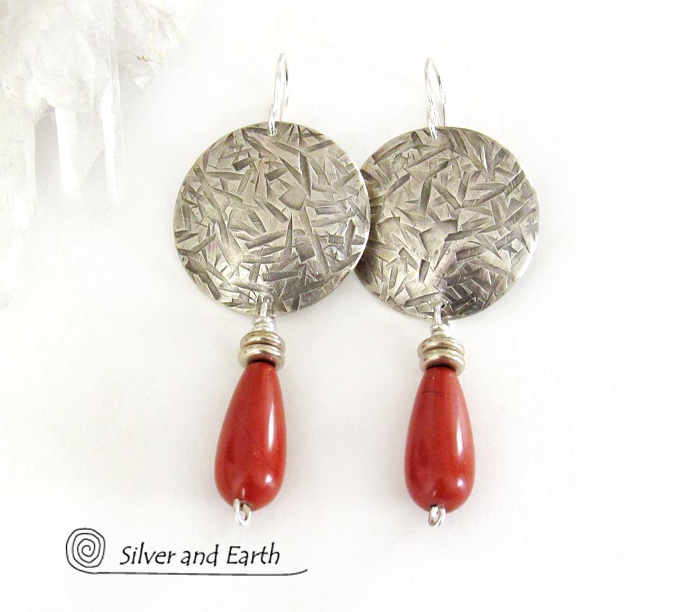 Sterling Silver Earrings with Red Jasper Stones - Modern Silver Jewelry