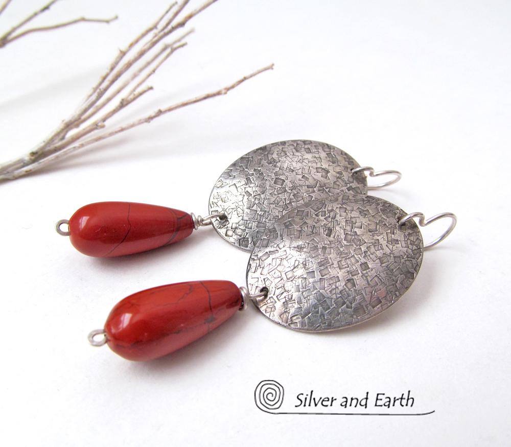 Sterling Silver Earrings with Red Jasper Gemstones - Modern Silver Jewelry