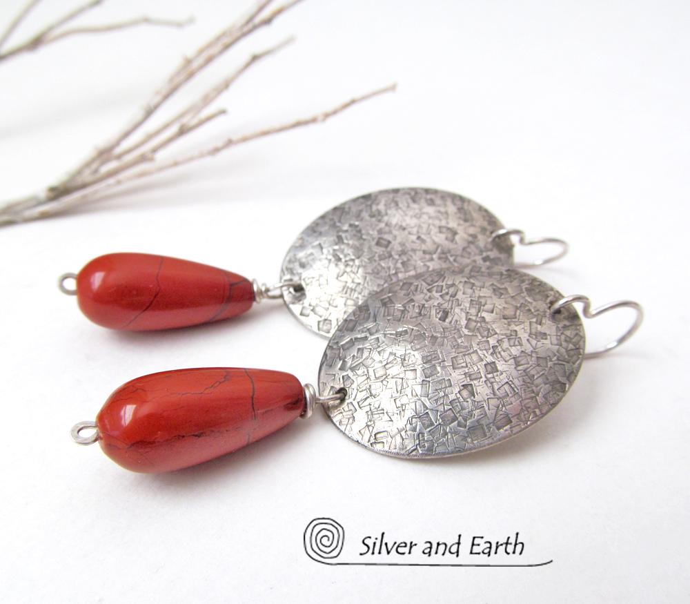 Sterling Silver Earrings with Red Jasper Gemstones - Modern Silver Jewelry