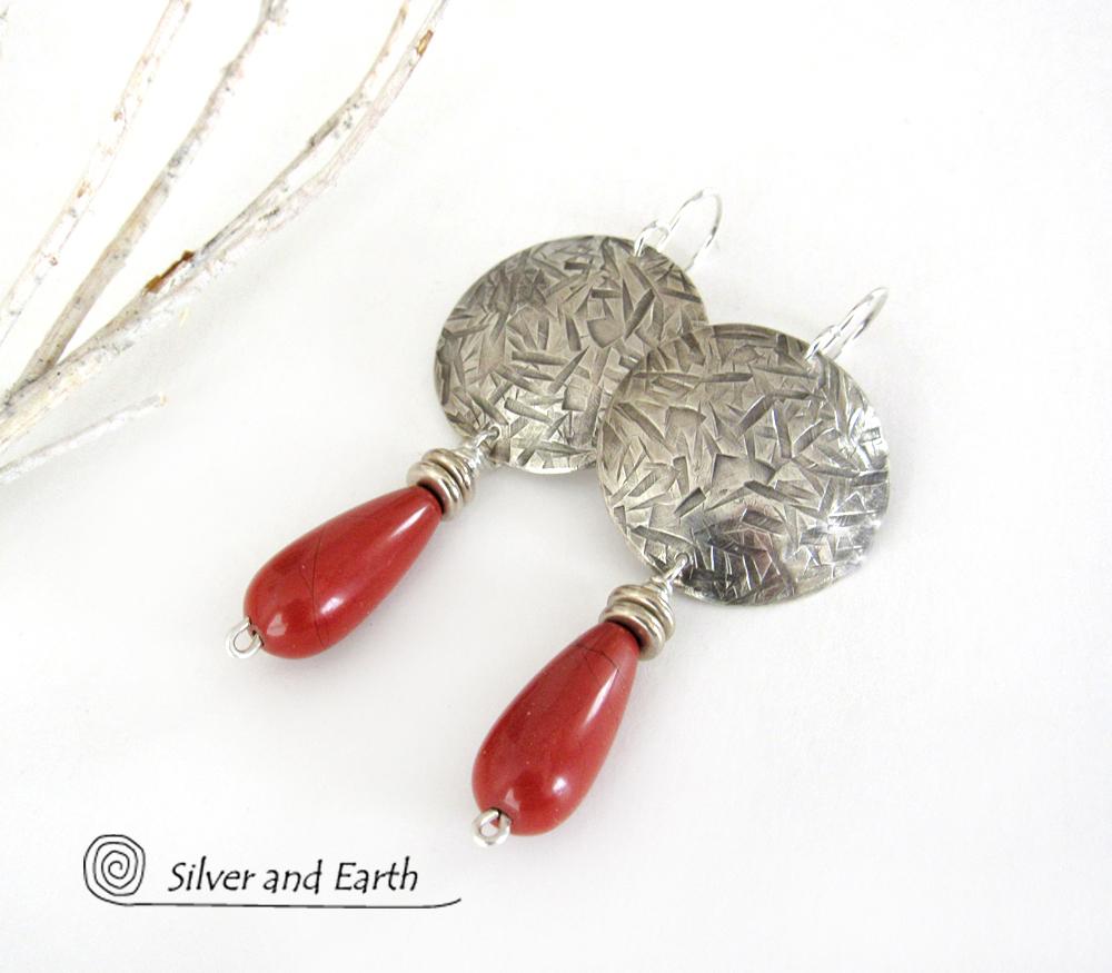 Sterling Silver Earrings with Red Jasper Stones - Modern Silver Jewelry